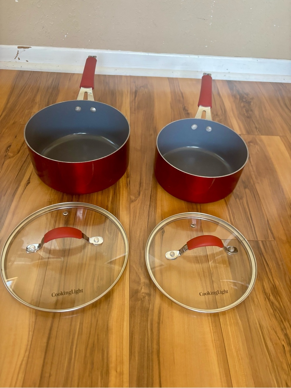 2 pre-loved Cooking Light T-Fal Teflon Red Nonstick Saucepan Set with Lids